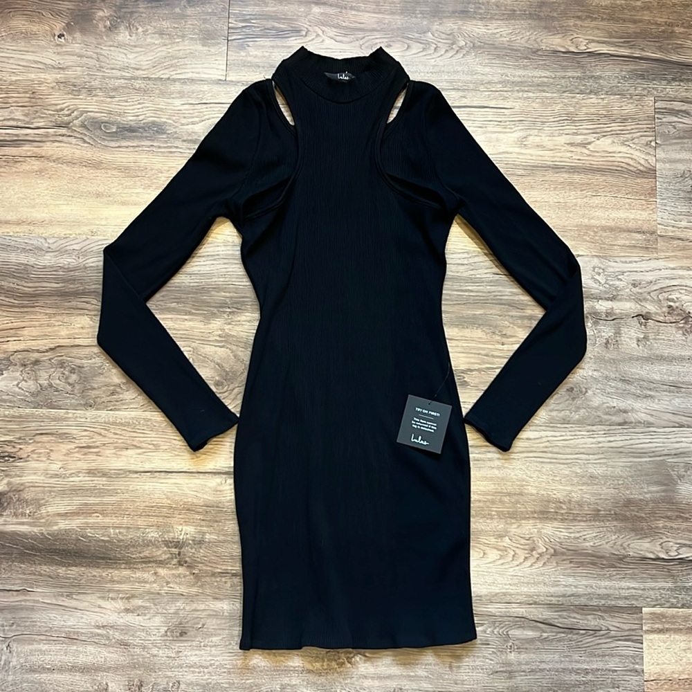 NWT - Lulus - Casual Chic Black Ribbed Cutout Bodycon Mini Dress - Sz Large